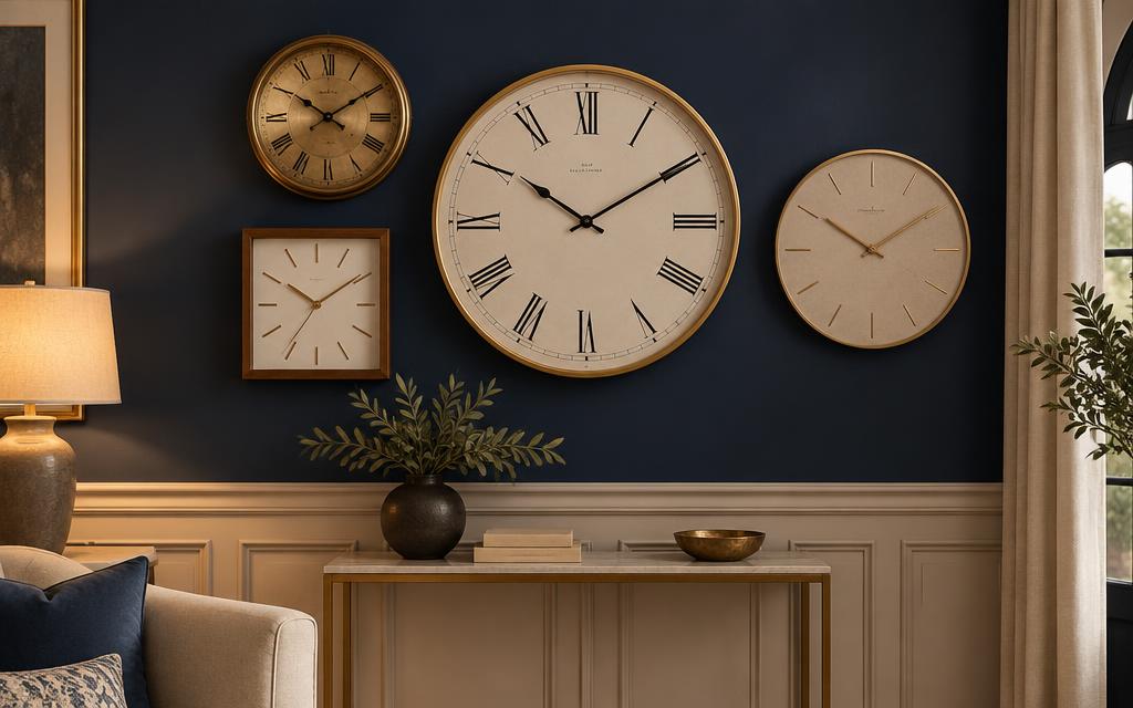 A wooden wall clock above a console table