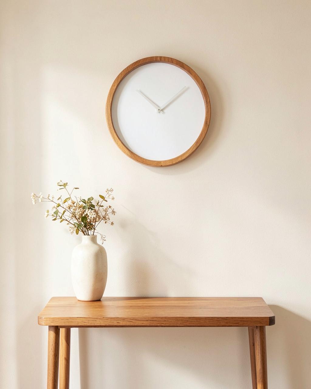A wooden wall clock above a console table