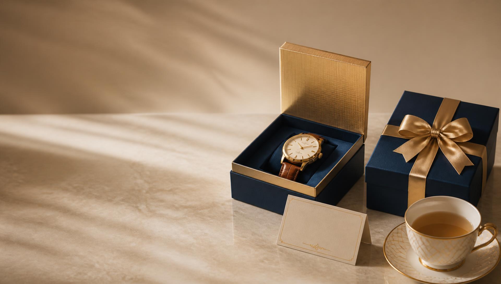 Curated corporate gift sets with a gold-cased watch, navy gift boxes and a porcelain teacup on beige marble