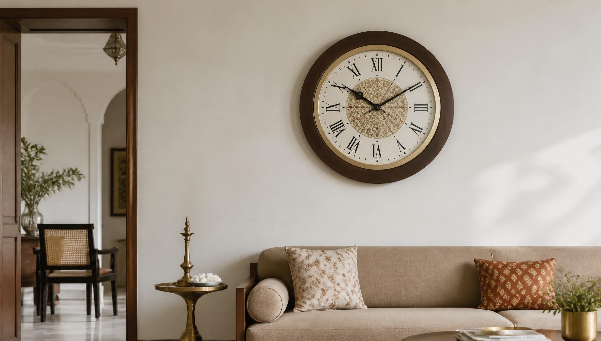 A large wall clock above a sofa in a bright living room