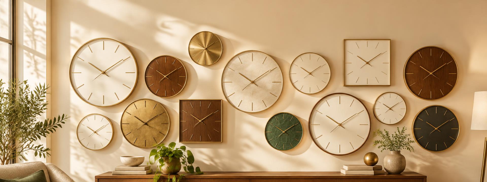 A bright gallery wall of stylish wall clocks in warm sunlight