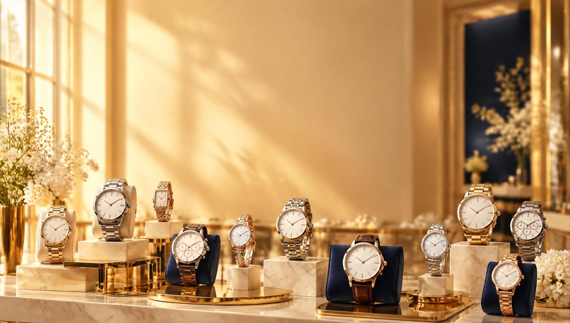 A premium gallery of elegant gold-tone, rose-gold and silver wristwatches on a warm navy wall
