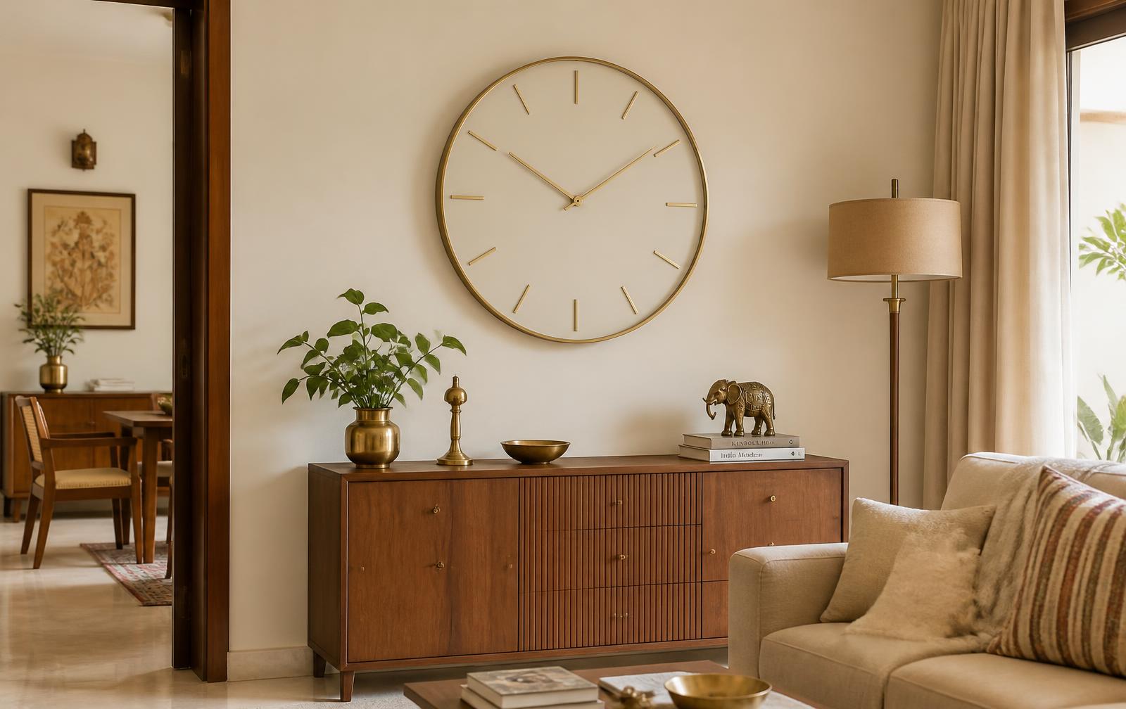 A large minimal wall clock above a wooden sideboard in a bright living room